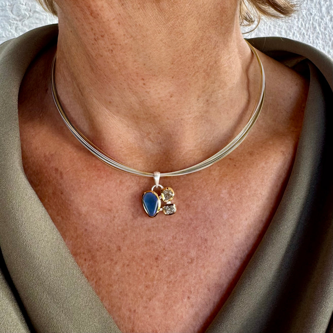Anhänger Schwarzopal Rohdiamant Bicolor