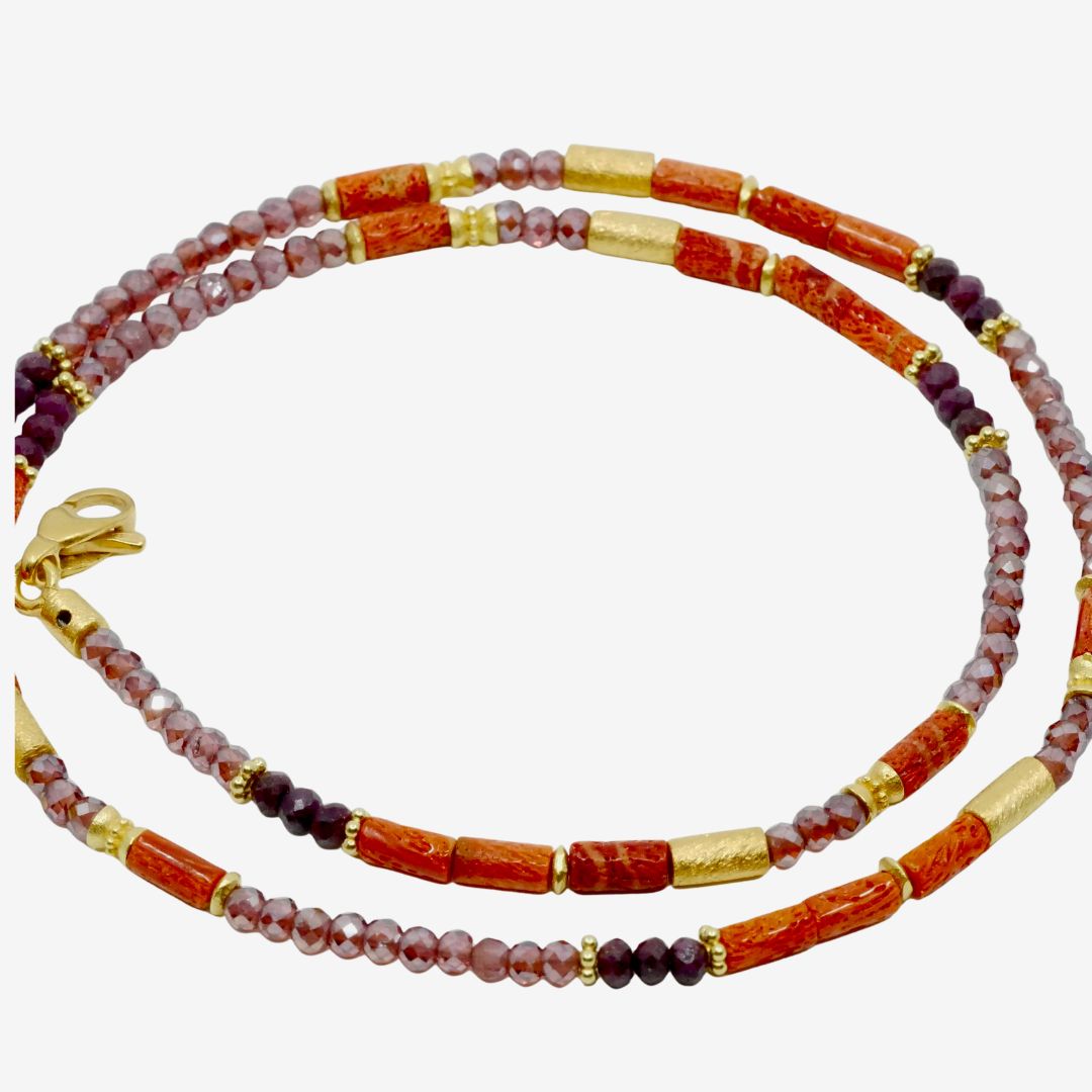 Kette Rubin, Granat, Schaumkoralle Gold