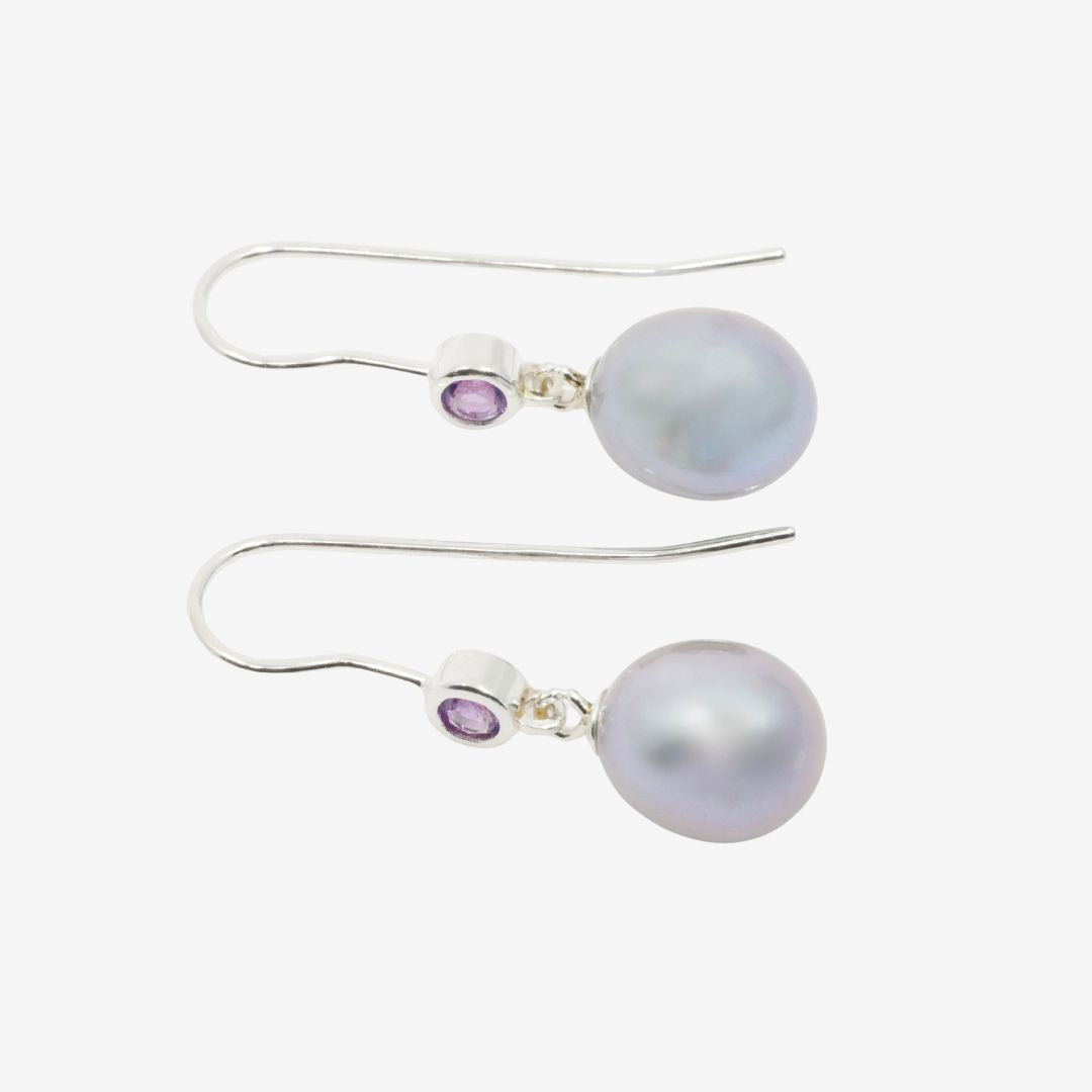 Grau Perlen Ohrringe Silber mit Amethyst