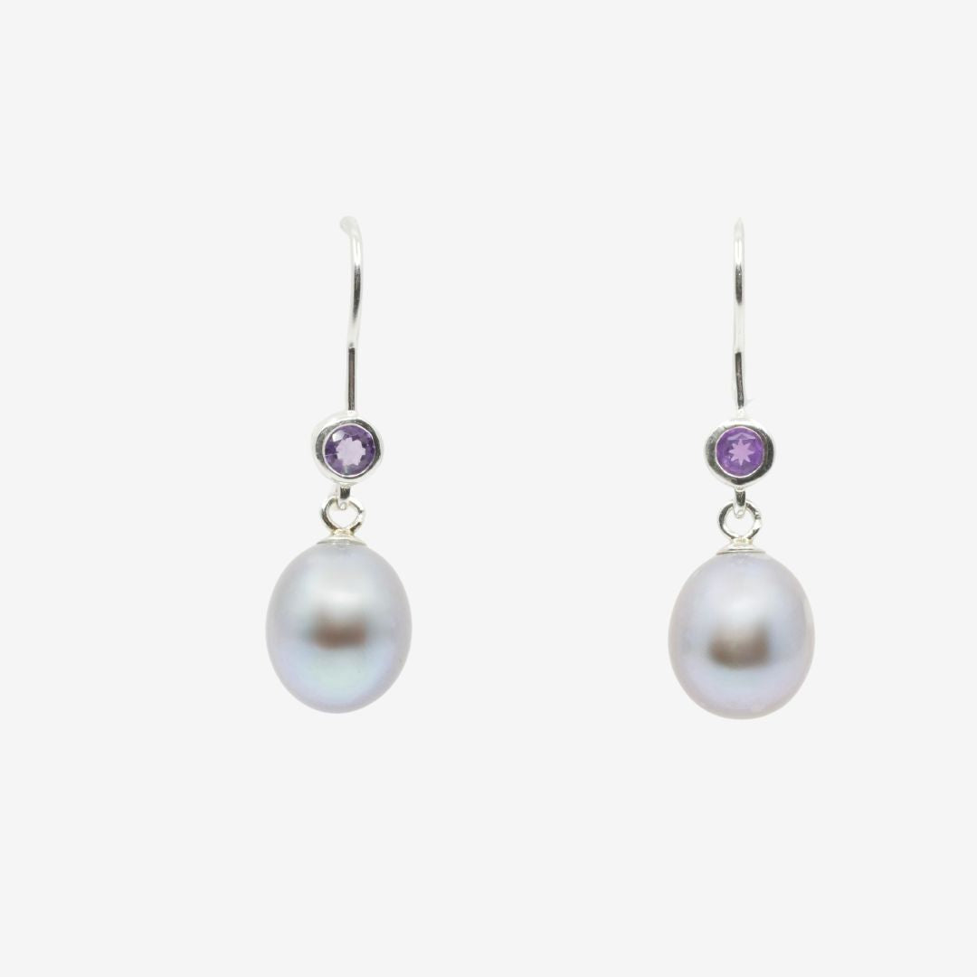 Grau Perlen Ohrringe Silber mit Amethyst