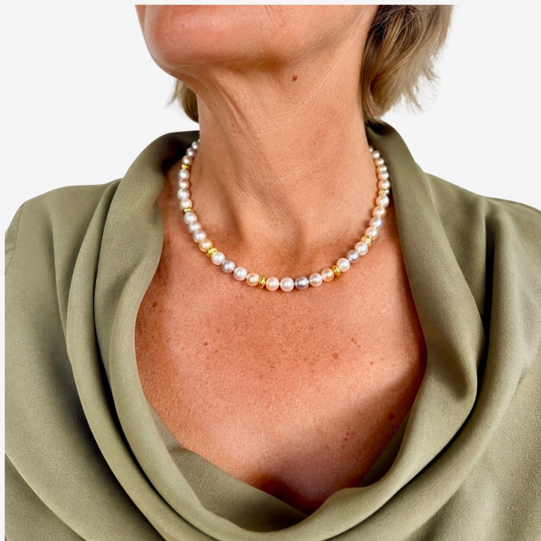 Perlen Kette Weiß Rose Grau