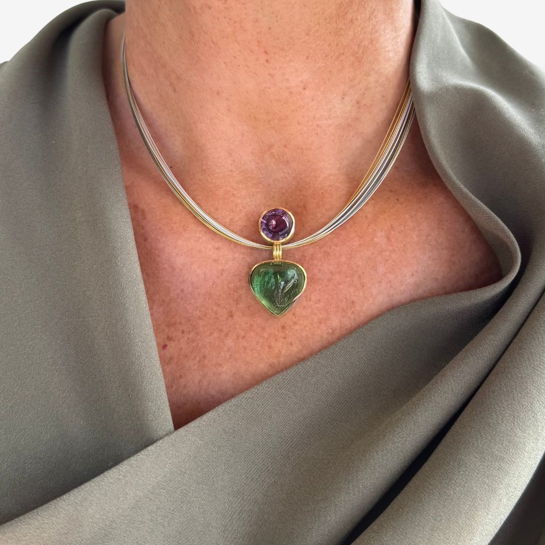 Turmalin Anhänger Grün mit Lila Amethyst